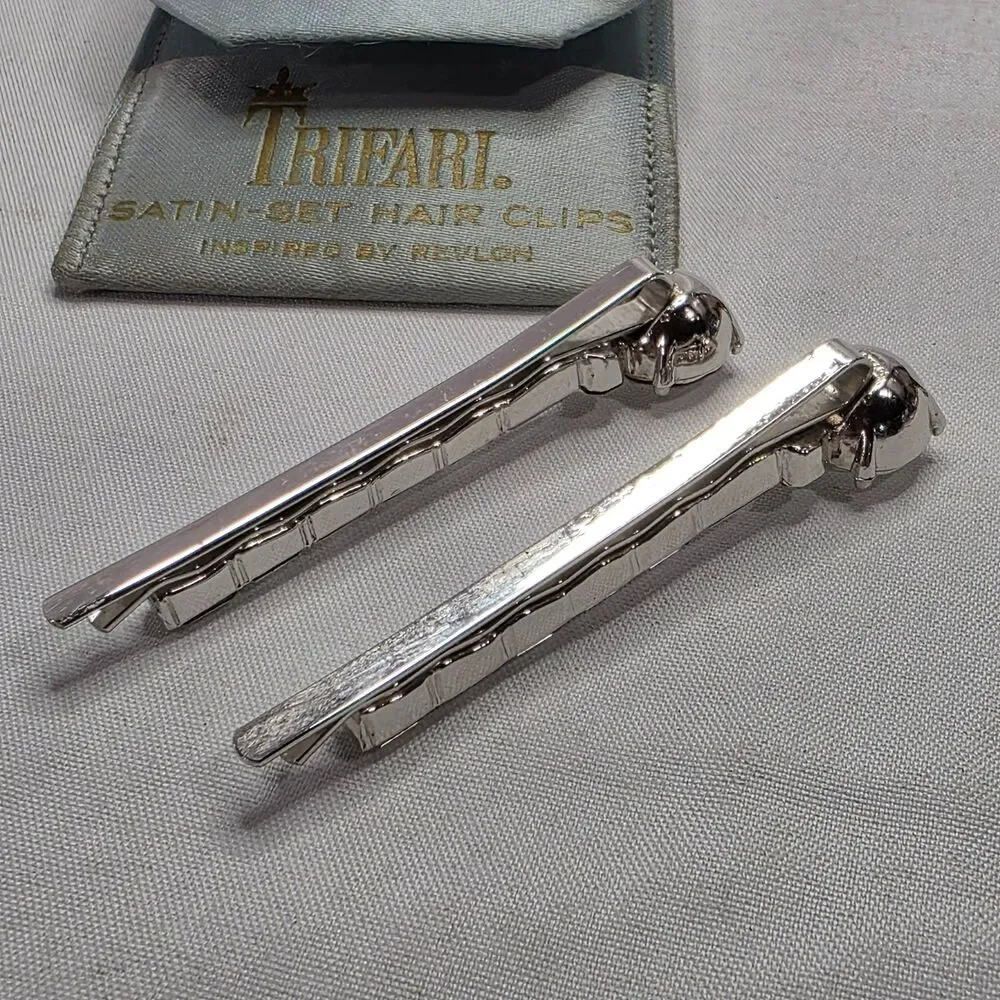 Crown Trifari 1950s Hair Clip Pair Silver Tone Bobby Pins Crystal Rhinestones